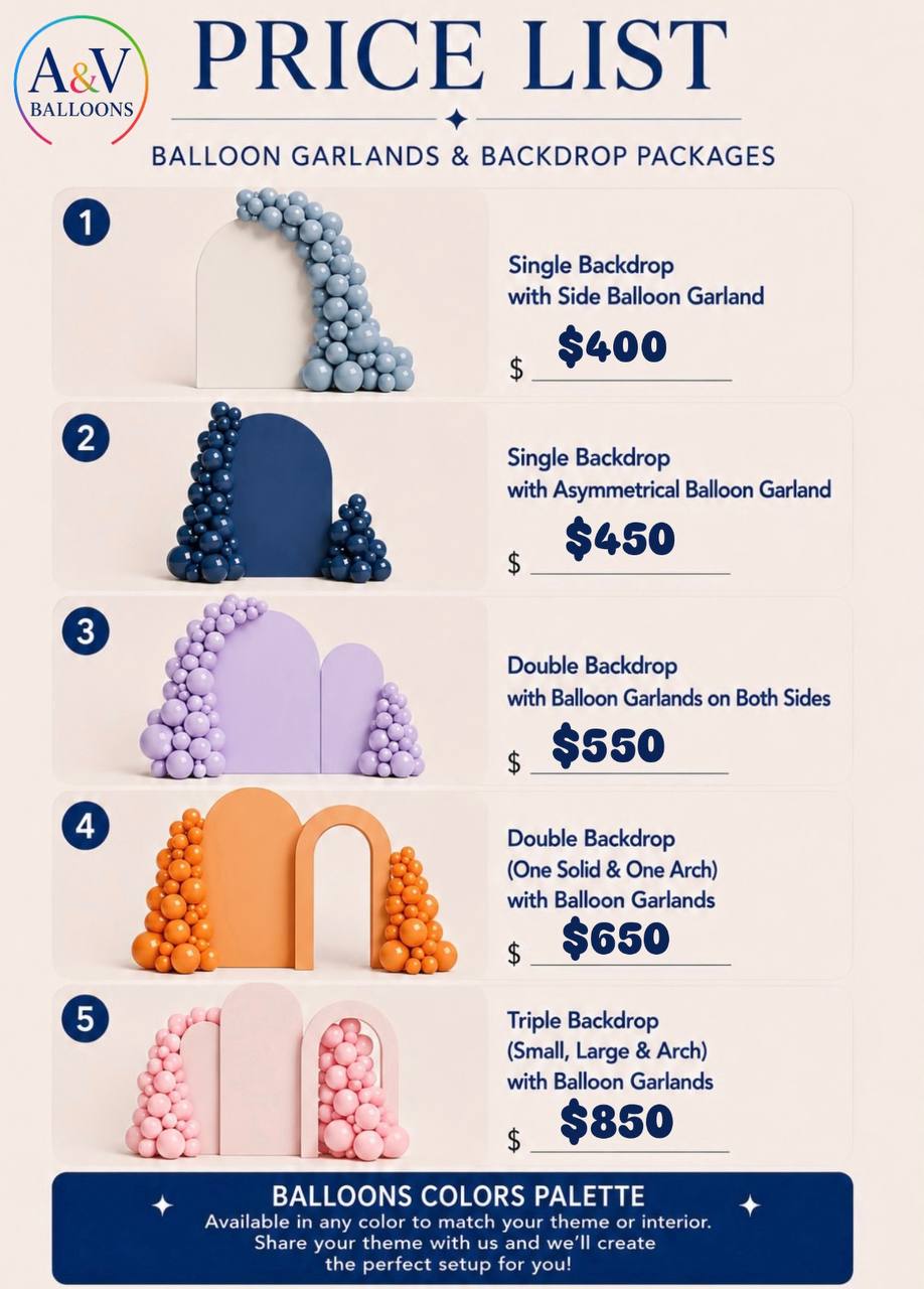 Price list — balloon garlands and backdrop packages